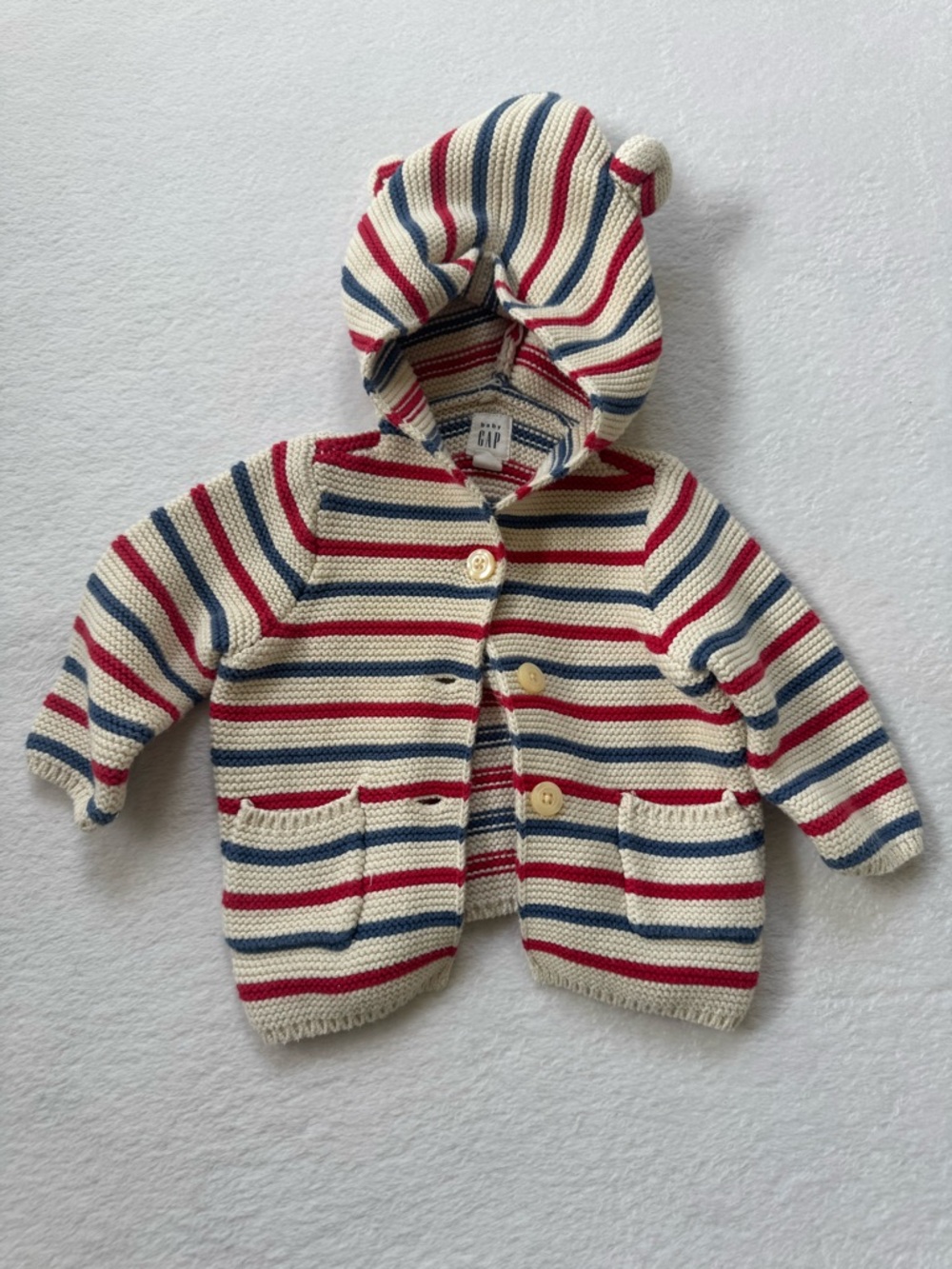 GAP Baby Striped Hooded Cardigan in Cream, Red & Blue